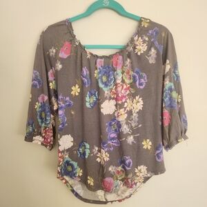 LC Lauren Conrad Floral Blouse in Gray with Blue and Pink Accents, size S
